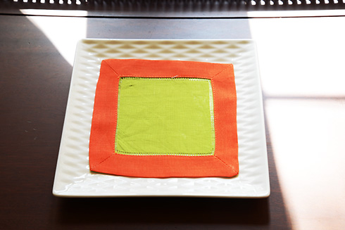 Multicolor Hemstitch cocktail napkin 6". Hot Green & Orange - Click Image to Close